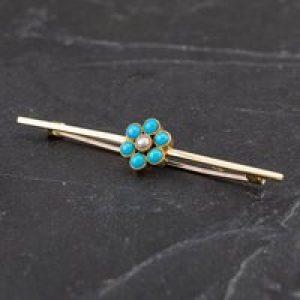 Pre-Owned Vintage 15ct Yellow Gold Turquoise & Seed Pearl Brooch 4113044