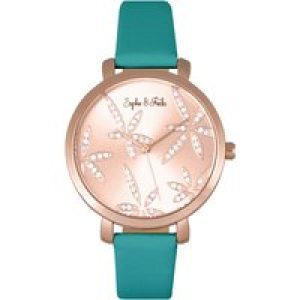 Sophie & Freda Womens Key West Leather-Band Watch w/Swarovski Crystals – Teal Stainless Steel – One Size