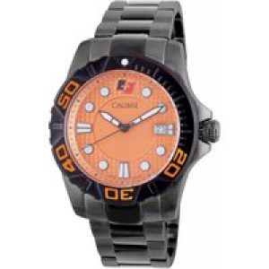 Calibre Mens Akron Swiss Made Movement Watch Black Stainless Steel Strap Orange Dial – One Size