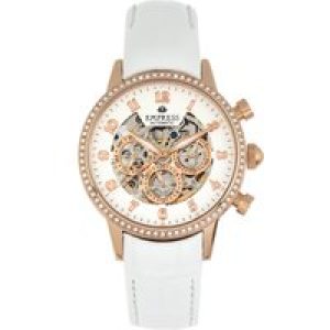 Empress Womens Beatrice Automatic Skeleton Dial Leather-Band Watch w/Day/Date – White Stainless Steel – One Size