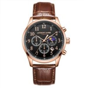 Anthony James Mens Hand Assembled Moonphase Chronograph Rose Black Leather – One Size
