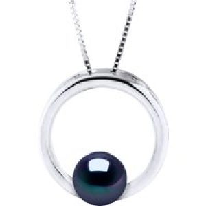 Diadema Womens CIRCLE Necklace Freshwater Pearl Round 8-9 mm Black 925 Silver – One Size