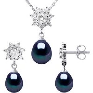Diadema Womens BIARRITZ Adornment Necklace & Earrings Dangle Black Freshwater Pearl 925 Silver – One Size