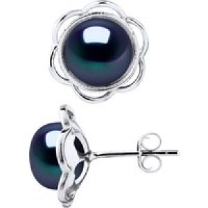 Diadema Womens Stud Earrings FLOWER Beads Freshwater 8-9mm Black Buttons 925 Silver – One Size