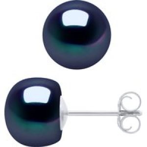 Diadema Womens – Earrings  White Gold and Real Freshwater Pearls – Black Tahitian Style – One Size