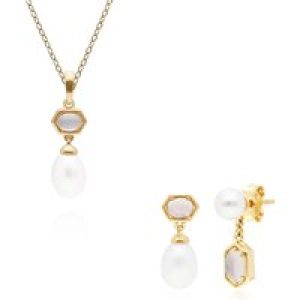 Fashionable Pearl & Moonstone Pendant & Earring Set in Gold Plated Silver