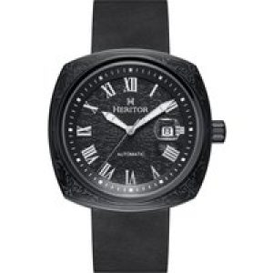 Heritor Automatic Mens Davenport Engraved-Case Leather-Band Watch w/ Date – Black Stainless Steel – One Size