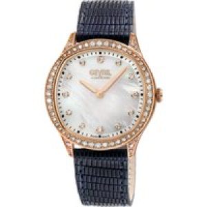 Gevril WoMens Morcote Swiss Diamond White MOP, Genuine Italian Leather Watch – Black – One Size