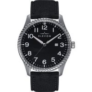 Elevon Mens Crosswind Canvas-Overlaid Leather-Band Watch w/ Date – Black Metal – One Size