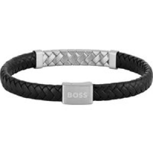 BOSS Herringbone Black braided Leather-based & Metal Gentlemen Cuff 1580674M
