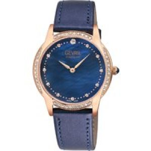 Gevril WoMens Airolo Swiss Diamond Black MOP Dial Genuine Italian Croc Leather Watch – Blue – One Size