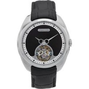 Heritor Computerized Mens Roman Semi-Skeleton Leather-based-Band Watch – Black & Silver – One Dimension