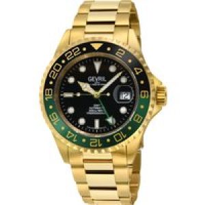 Gevril Mens Wall Street GMT Swiss Automatic Sellita SW330 Black Dial Ceramic Bezel, 316L Stainless Steel IPYG Bracelet – Gold – One Size
