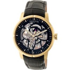 Heritor Computerized Mens Ryder Skeleton Leather-based-Band Watch – Black/Gold Stainless Metal – One Dimension