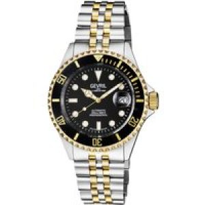 Gevril Mens Wall Street Swiss Automatic Sellita SW200 Black Dial Two Tone IP Gold Stainless Steel Bracelet Watch – Silver & Gold – One Size