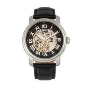 Reign Mens Kahn Automatic Skeleton Leather-Band Watch – Black & Silver Stainless Steel – One Size
