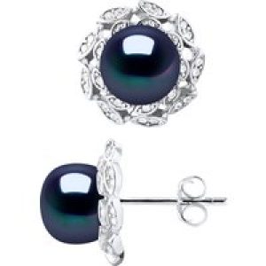 Diadema Womens Stud Earrings FLOWER Beads Freshwater 8-9mm Black Buttons Jewelry 925 Silver – One Size