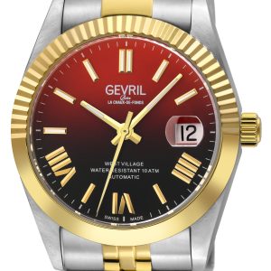 Gevril Mens Automatic West Village Fusion Elite Crimson Eclipse Gradient Dial, Satin and Polished Bracelet Watch – Silver & Gold – One Size