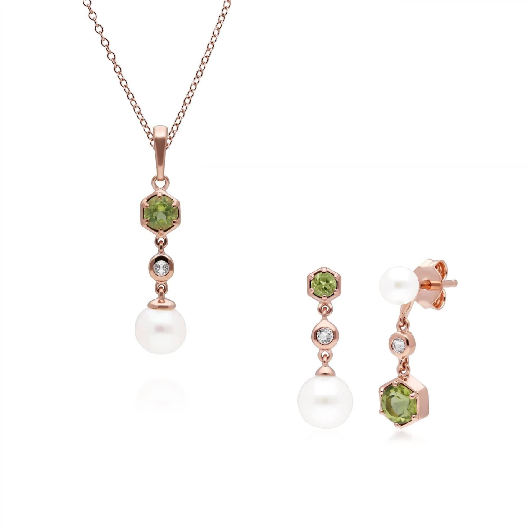 Trendy Pearl, Peridot & Topaz Pendant & Earring Set in Rose Gold Plated Silver