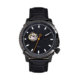 Reign Mens Bauer Automated Semi-SkeletonLeather-Band Watch – Black Stainless Metal – One Measurement