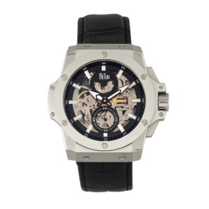 Reign Mens Commodus Computerized Skeleton Leather-based-Band Watch – Black & Silver Stainless Metal – One Dimension