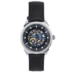 Reign Mens Weston Computerized Skeletonized Leather-based-Band Watch – Black Stainless Metal – One Dimension