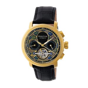 Heritor Computerized Charisma Mens Semi-Skeleton Leather-based-Band Watch – Black/Gold Stainless Metal – One Dimension