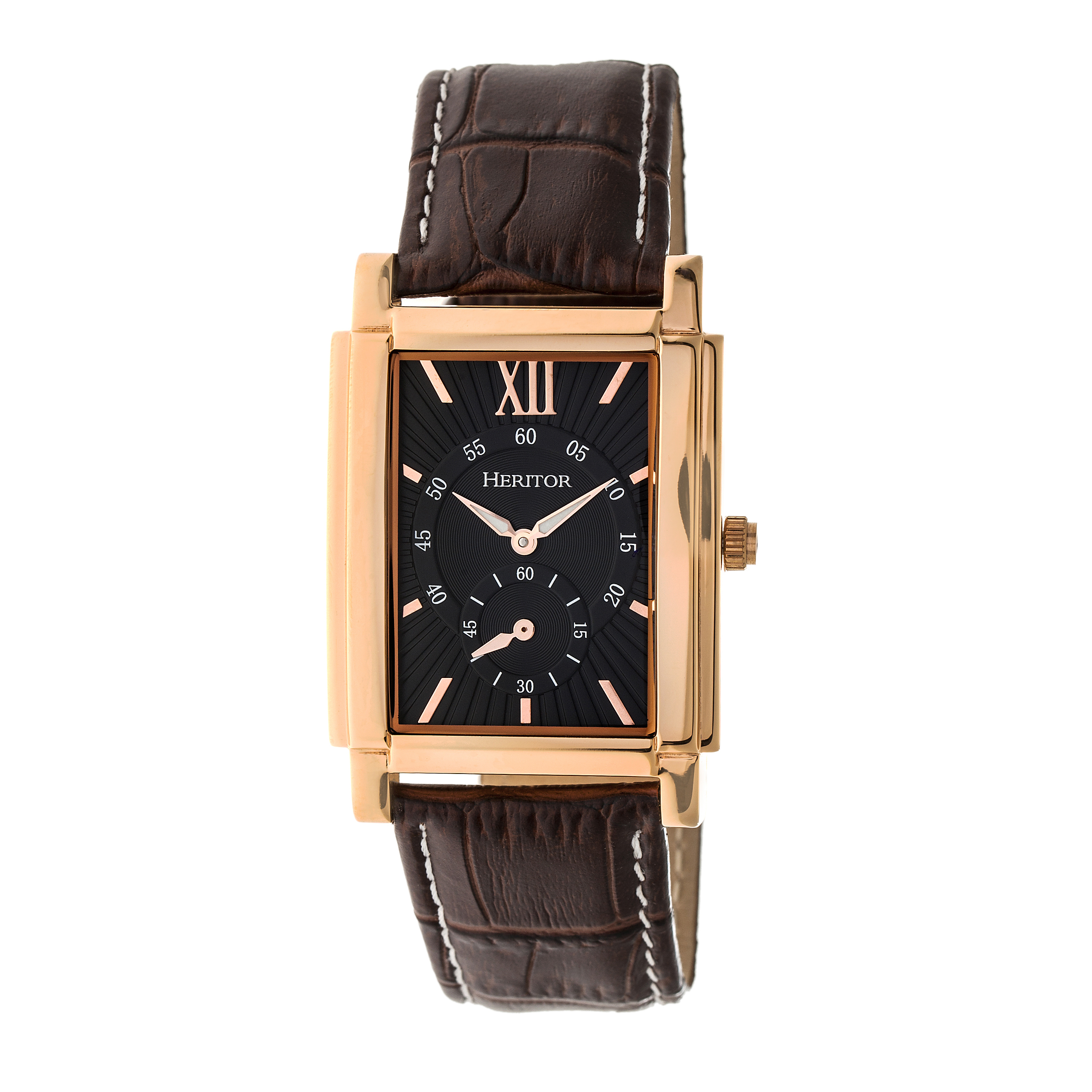 Heritor Automated Mens Frederick Leather-based-Band Watch - Black & Rose Gold Stainless Metal - One Dimension