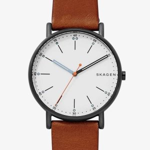 Skagen Mens Signatur Stainless Steel White Dial Brown Leather Strap Watch SKW6374