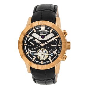 Heritor Computerized Mens Hannibal Semi-Skeleton Leather-based-Band Watch – Black & Rose Gold Stainless Metal – One Measurement
