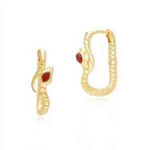 ECFEW™ Carnelian Snake Hoop Earrings in Gold Plated Sterling Silver