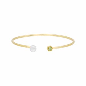 Geometric Pearl & Peridot Open Bangle in Gold Plated Silver