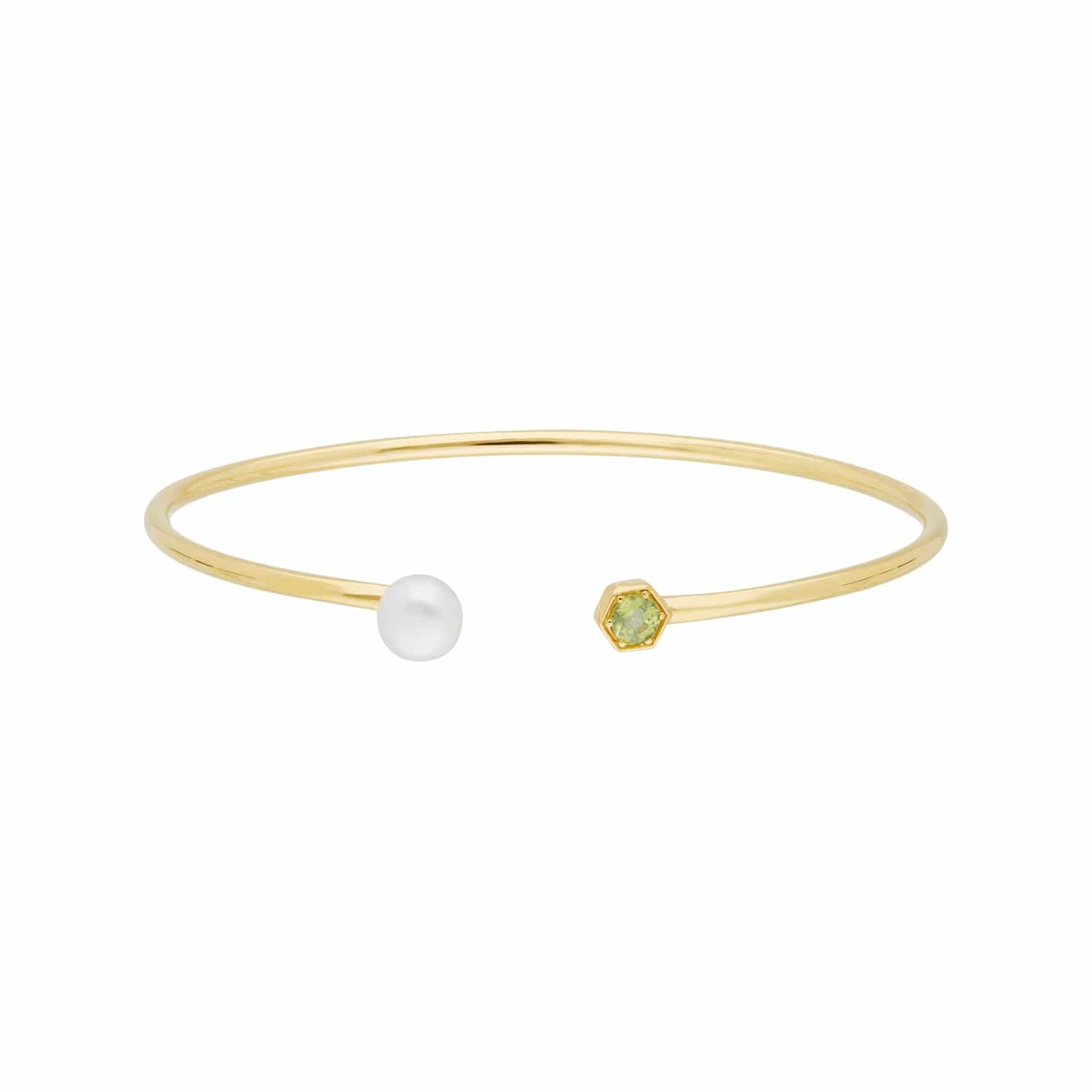 Geometric Pearl & Peridot Open Bangle in Gold Plated Silver