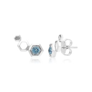 Honeycomb Blue Topaz Ear Climber Studs in 925 Sterling Silver