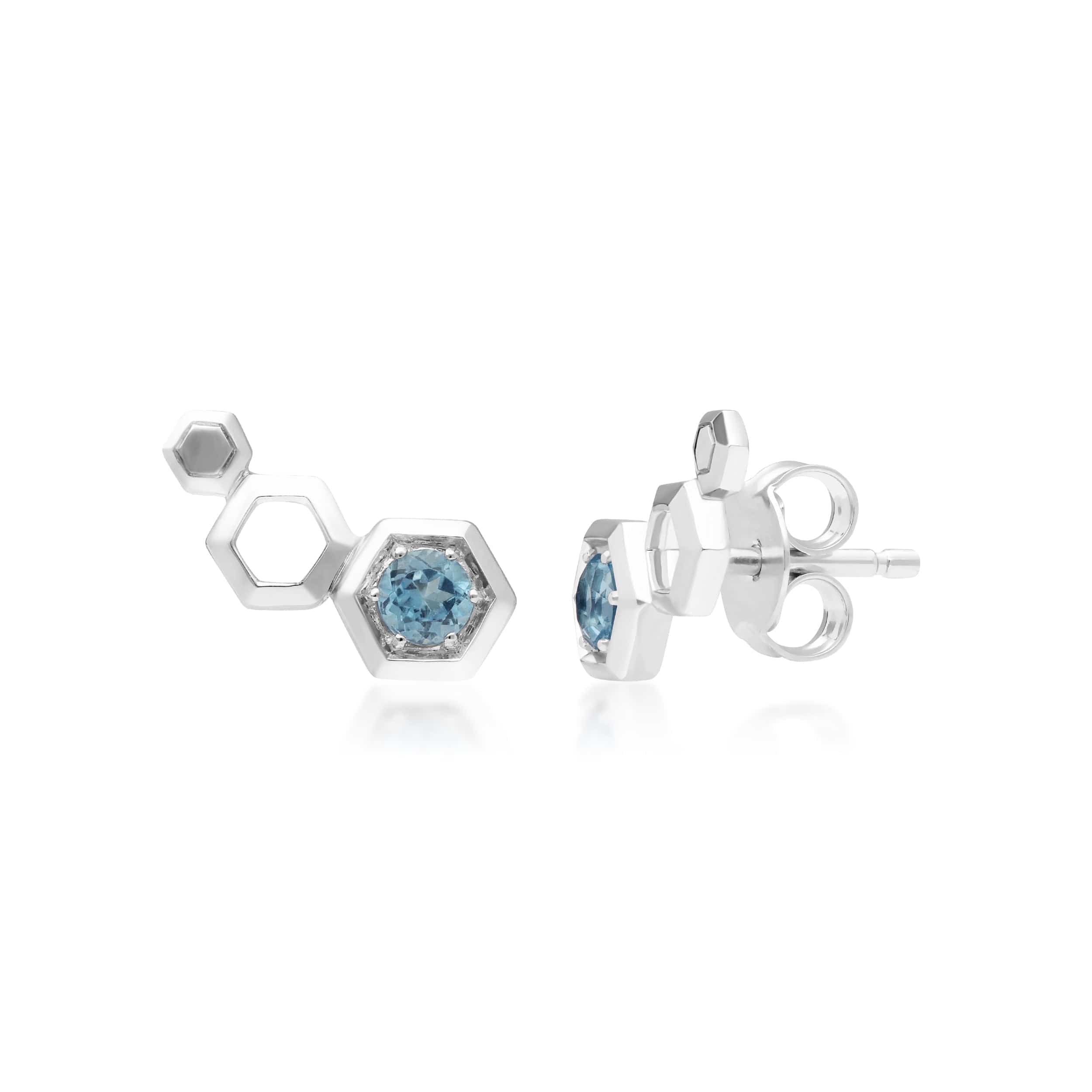 Honeycomb Blue Topaz Ear Climber Studs in 925 Sterling Silver