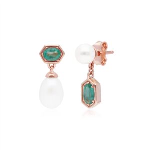 Trendy Pearl & Emerald Mismatched Drop Earrings in Rose Gold Plated Silver
