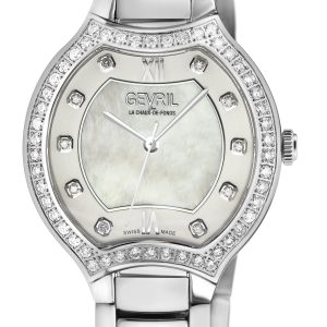 Gevril WoMens Lugano Swiss Diamond White MOP Dial 316L Stainless Steel Bracelet Watch – Silver – One Size
