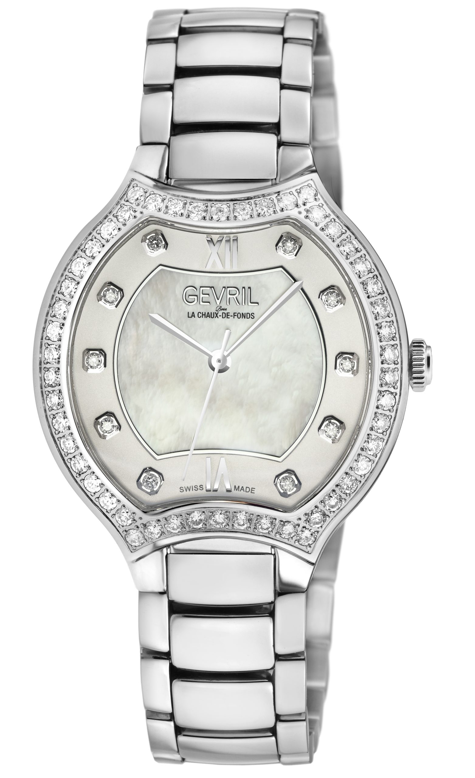 Gevril WoMens Lugano Swiss Diamond White MOP Dial 316L Stainless Steel Bracelet Watch - Silver - One Size