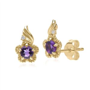 Floral Spherical Amethyst & Diamond Stud Earrings in 9ct Yellow Gold