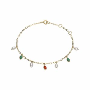 ECFEW™ Writer Dyed Carnelian, Malachite & Pearl Chain Bracelet In Gold Plated Sterling Silver