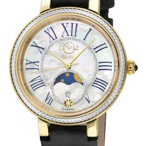Gv2 WoMens Genoa SS IPYG Case, White MOP Dial, Authentic Handmade Black Nero Suede Leather Strap – One Size