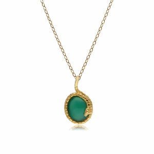 ECFEW™ Oval Dyed Inexperienced Chalcedony Winding Snake Pendant in Gold Plated Sterling Silver