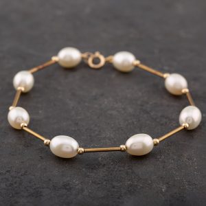 Pre-Owned Yellow Gold Fresh Water Pearl & Bar 7.5 Inch Chain Bracelet 41061102