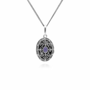 Artwork Nouveau Taste Oval Dyed Pink Jade & Marcasite Locket Necklace in 925 Sterling Silver