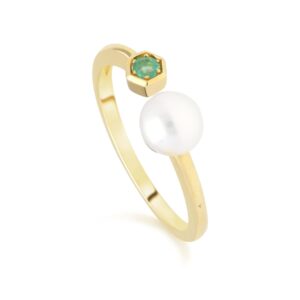 Fashionable Pearl & Emerald Open Ring in 9ct Gold