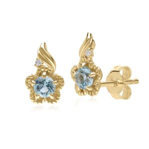 Floral Spherical Blue Topaz & Diamond Stud Earrings in 9ct Yellow Gold