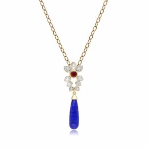 ECFEW™ Writer Lapis Lazuli, White Topaz & Garnet Floral Drop Pendant in Gold Plated Sterling Silver