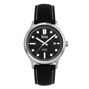 Reign Mens Henry Automated Canvas-Overlaid Leather-based-Band Watch w/Date – Black Stainless Metal – One Measurement