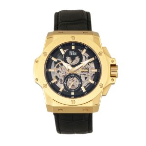 Reign Mens Commodus Automated Skeleton Leather-based-Band Watch – Black/Gold Stainless Metal – One Dimension