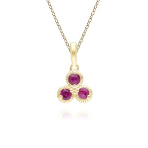Floral Ruby 3 Stone Pendant Necklace in 9ct Yellow Gold
